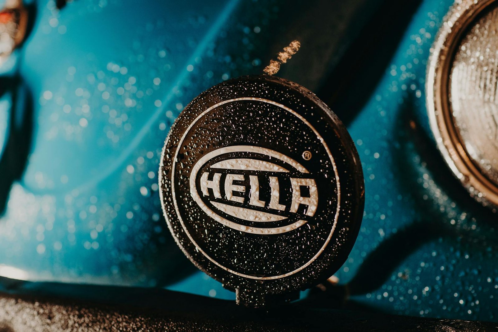 Detailed view of a Hella car part covered with water droplets, showcasing branding and design.